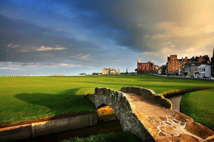 The Old Course and iconic Swilcan Bridge in St Andrews.